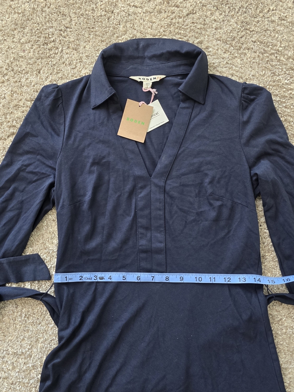 Boden Navy Solid Collared Long Sleeve Belted Tie Knit Midi Dress Chic Size 4 NEW - Picture 7 of 8